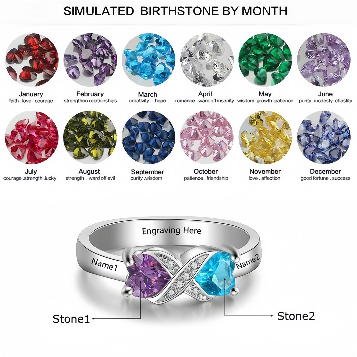 Personalized Mothers Ring with 2 Birthstones for Mom Sterling Silver Ring Couple Engagement Promise Rings for Her Custom Family Ring