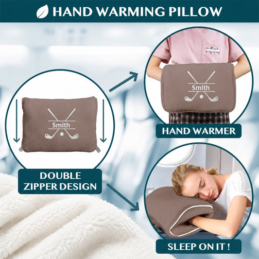 golf pillow used as hand warmer and nap cushion.