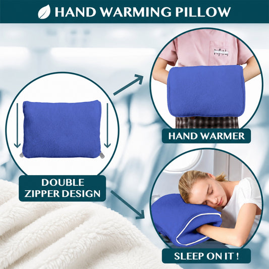 Blue pillow shown as hand warmer and sleeping cushion.