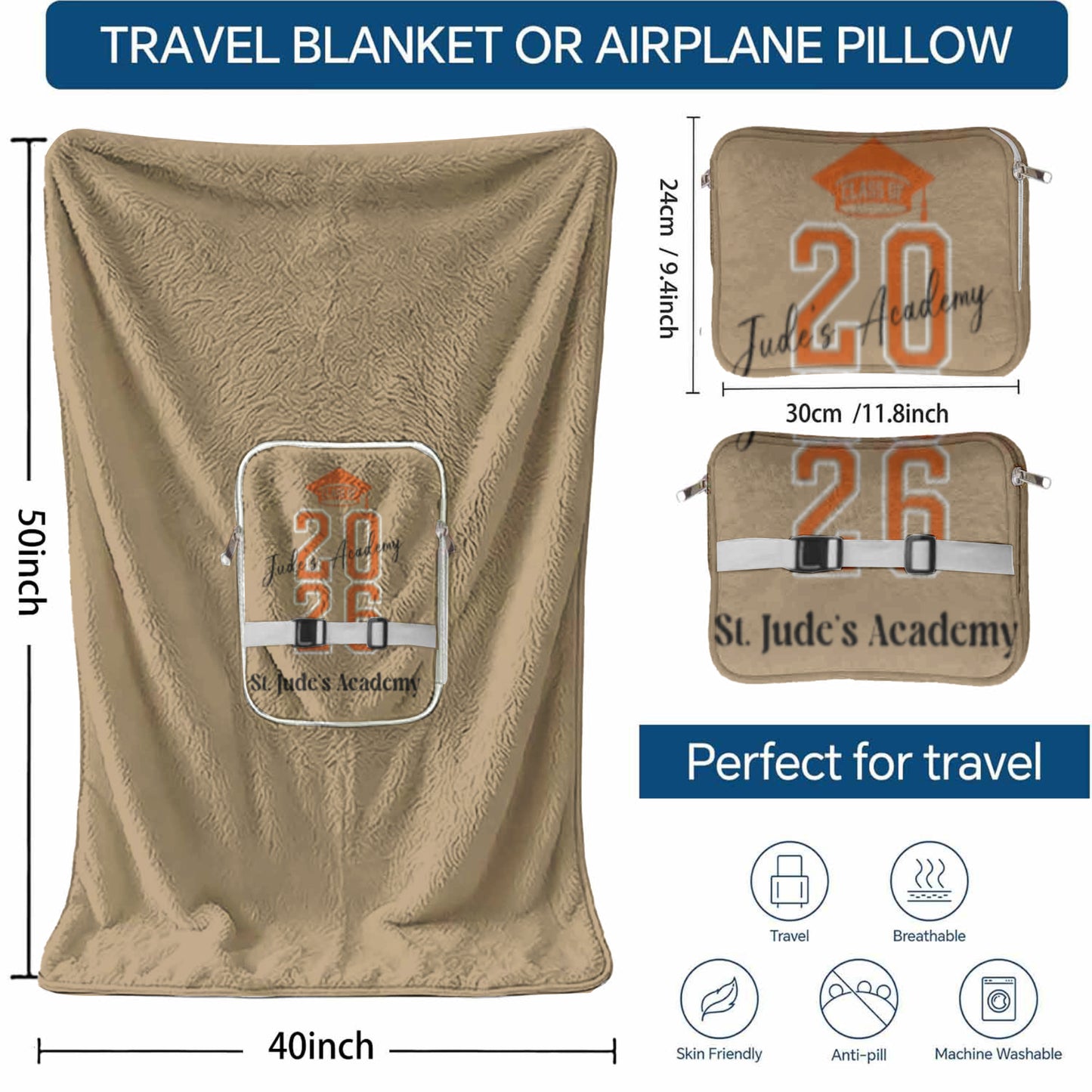 Product diagram showing blanket/pillow size and travel features.