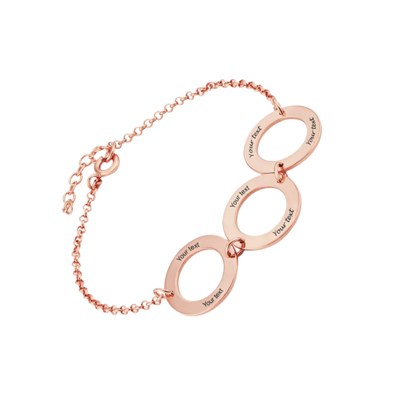 Bracelet personnalisé en argent sterling ou plaqué or avec 6 prénoms gravés en cercles pour femme. Bracelet personnalisé pour elle.