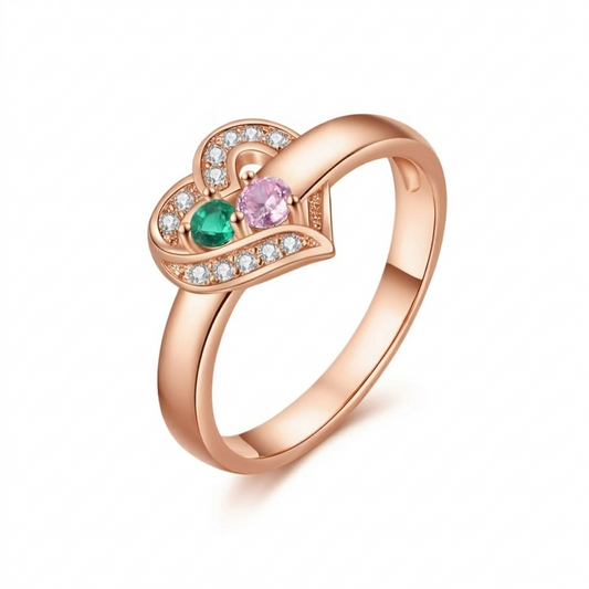 Customizable Heart-Shaped Birthstone Ring with Engraved Names for Women - Personalized Jewelry Gift