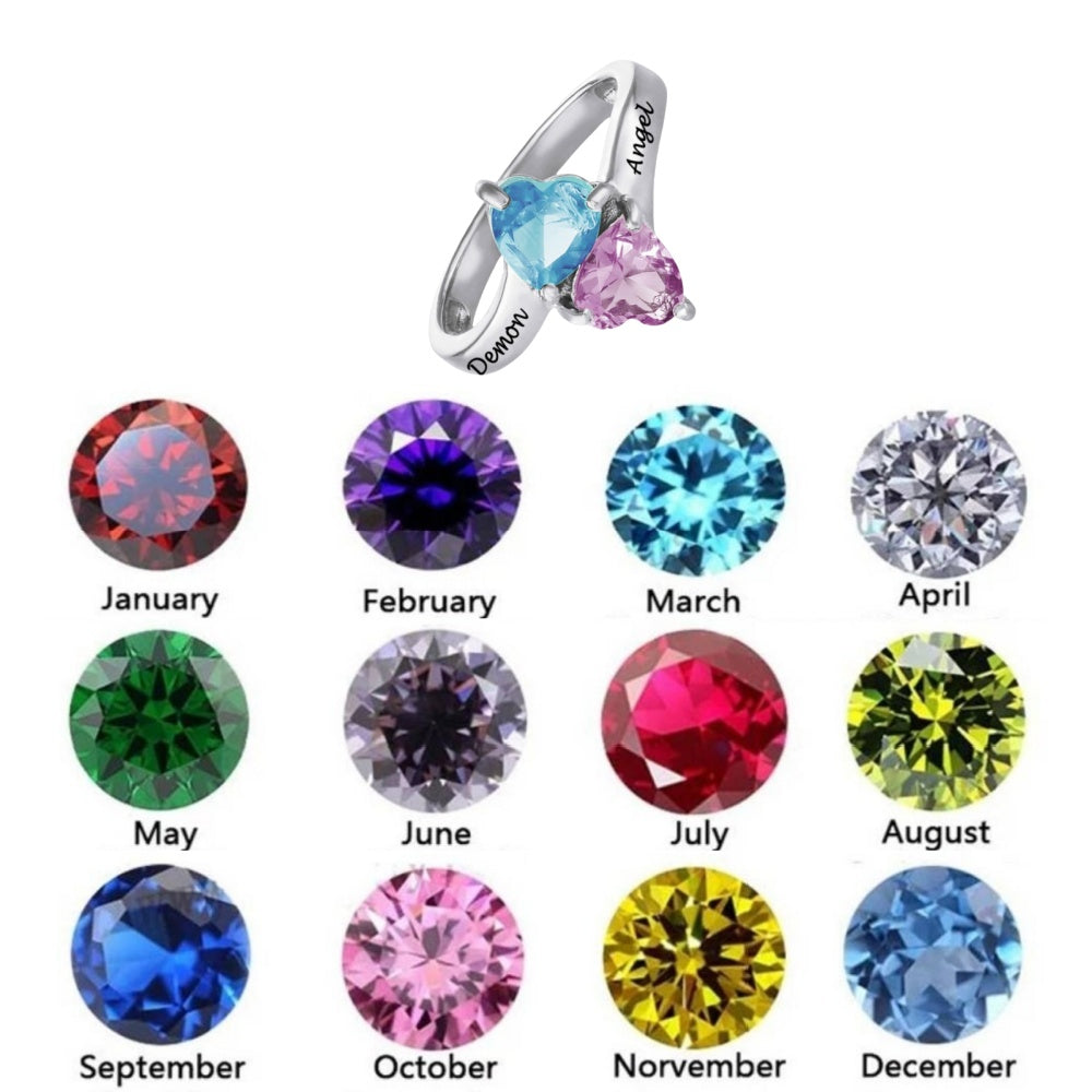 Personalized 925 Sterling Silver Ring Heart Shaped Birthstone Ring with Engraved Names for Woman Custom Gift Jewelry for Mother for Her