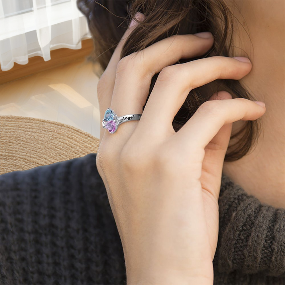 Personalized 925 Sterling Silver Ring Heart Shaped Birthstone Ring with Engraved Names for Woman Custom Gift Jewelry for Mother for Her