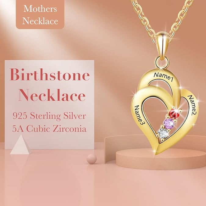 Collier prénom personnalisé avec pierre de naissance - Bijoux personnalisés pour femmes, cadeaux de fête des mères, collier maman et fille, breloque cœur gravée