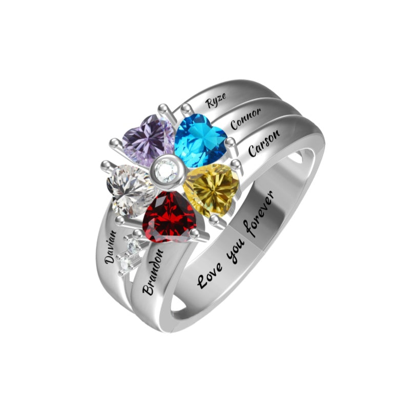 Mothers Rings with 1-8 Birthstones and Names Engraved, Sterling Silver ,Customized Personalized Ring for Women
