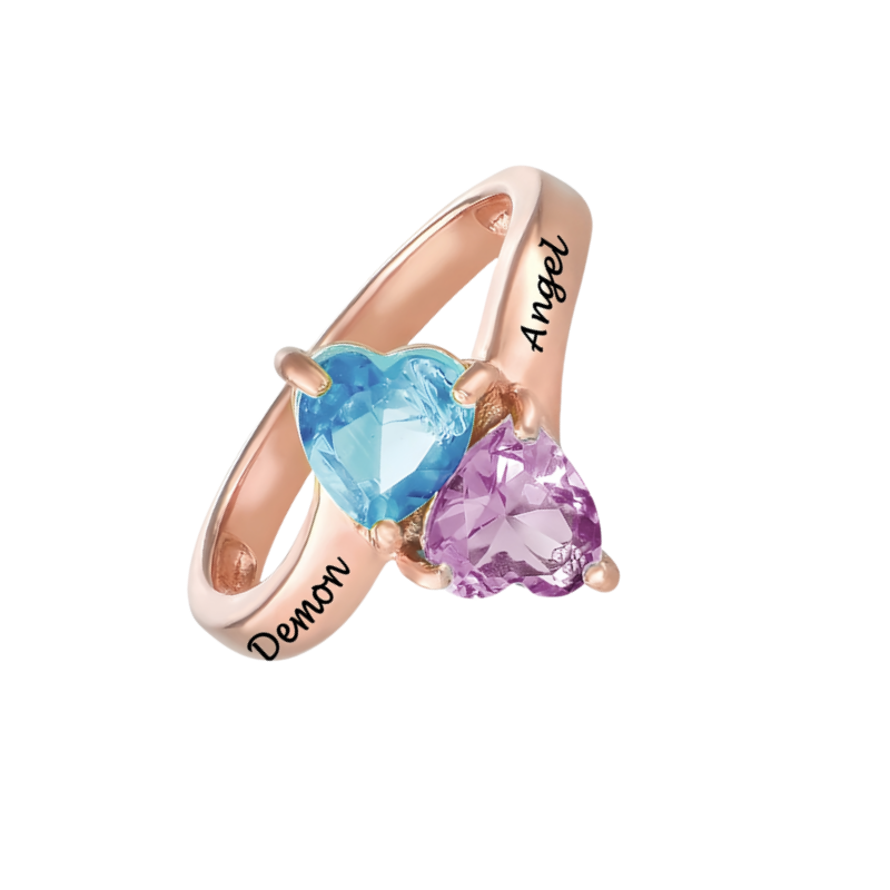 Personalized 925 Sterling Silver Ring Heart Shaped Birthstone Ring with Engraved Names for Woman Custom Gift Jewelry for Mother for Her