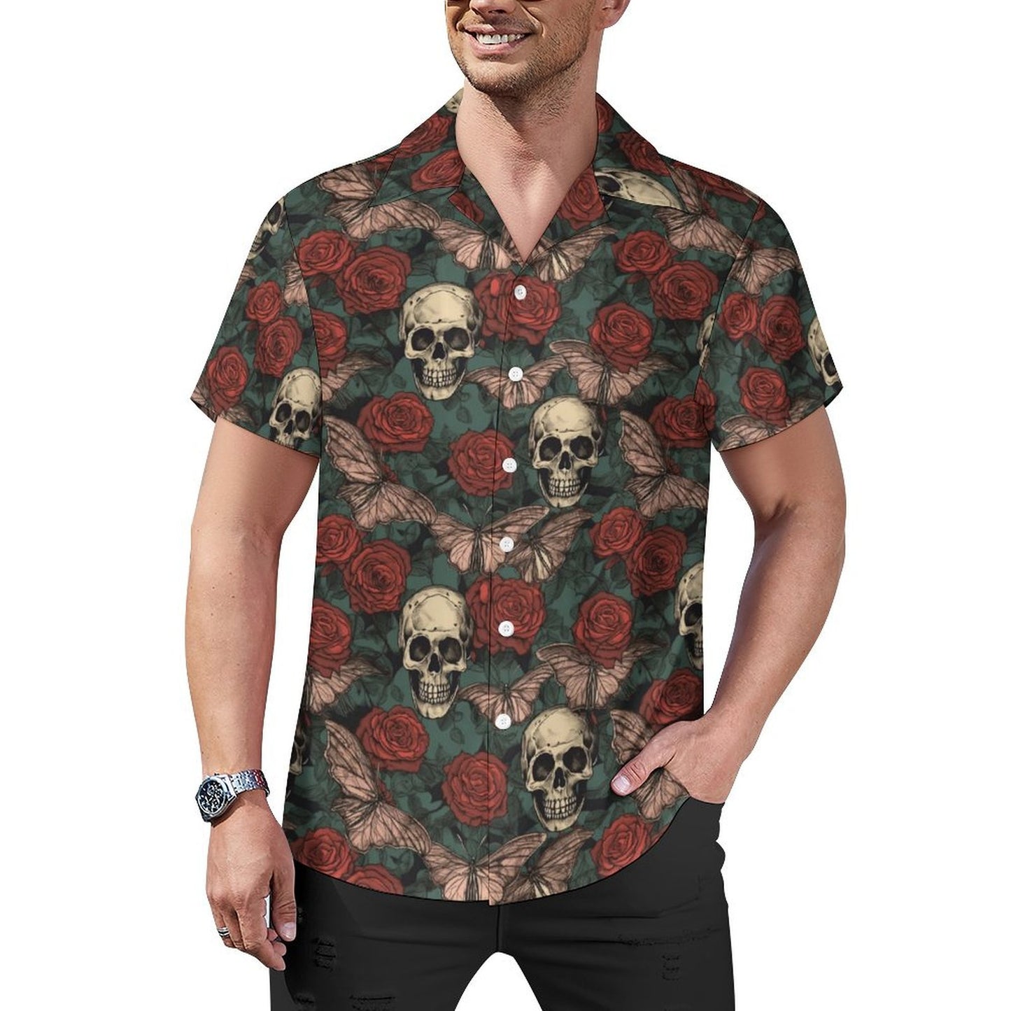 Personalized Gothic Shirt for Men, Summer Beach Casual Short Sleeve Button Down Shirts, Printed Cuban Guayabera Shirts