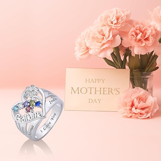 Bague grand-mère en argent sterling S925, bagues personnalisées avec 1 à 8 pierres de naissance pour grand-mère, bagues personnalisées avec nom pour grand-mères