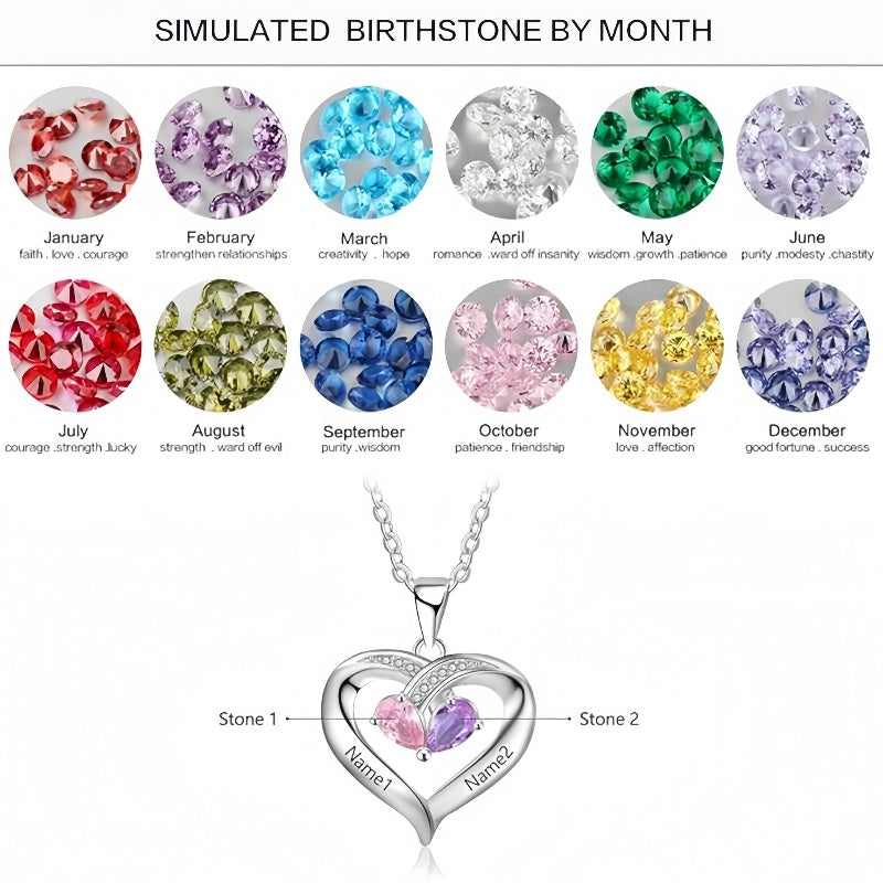 Collier pour maman avec 2 pierres de naissance, cadeau pour maman, collier personnalisé en forme de cœur avec 2 noms, collier de promesse, cadeau de fête des mères pour grand-mère, épouse, femme