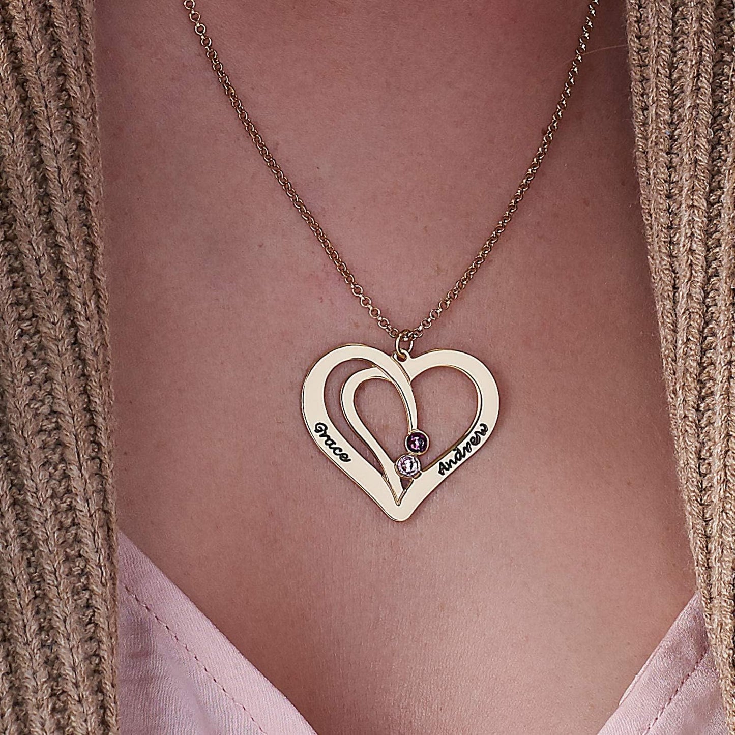 Collier personnalisé en forme de cœur pour couple avec 2 pierres de naissance et 2 prénoms pour femme - Cadeau personnalisé pour maman - Pendentif en argent 925
