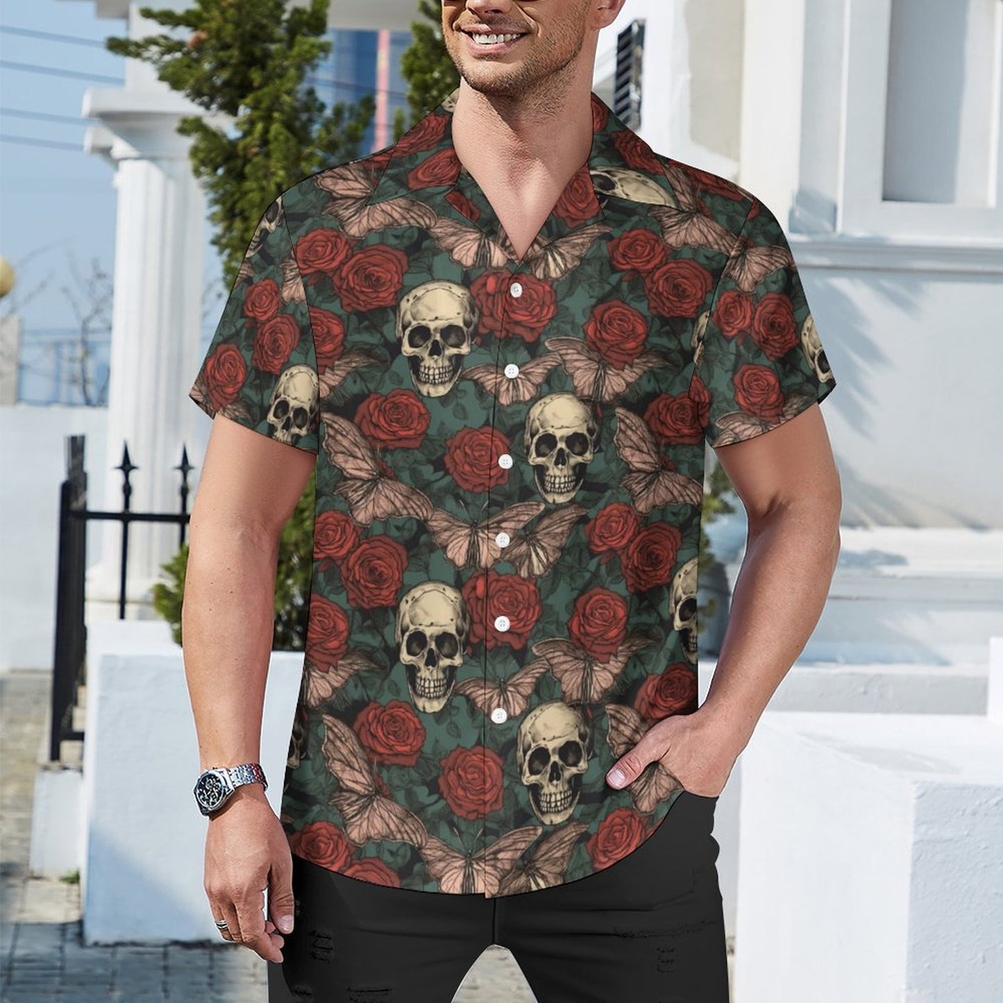 Personalized Gothic Shirt for Men, Summer Beach Casual Short Sleeve Button Down Shirts, Printed Cuban Guayabera Shirts