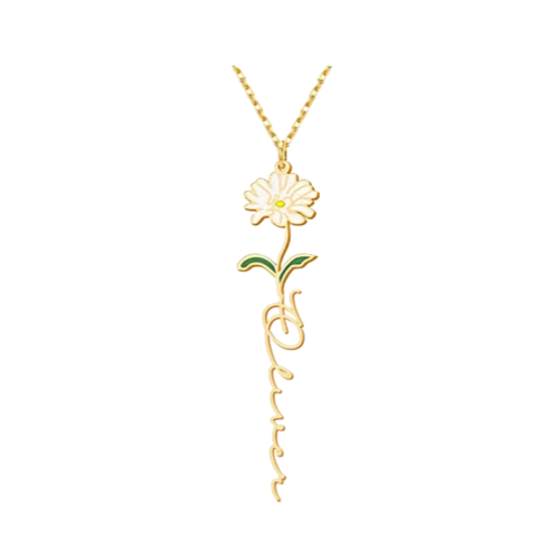 Personalized Floral Name Necklace Charms with Birthstones - Custom Flower & Name Jewelry