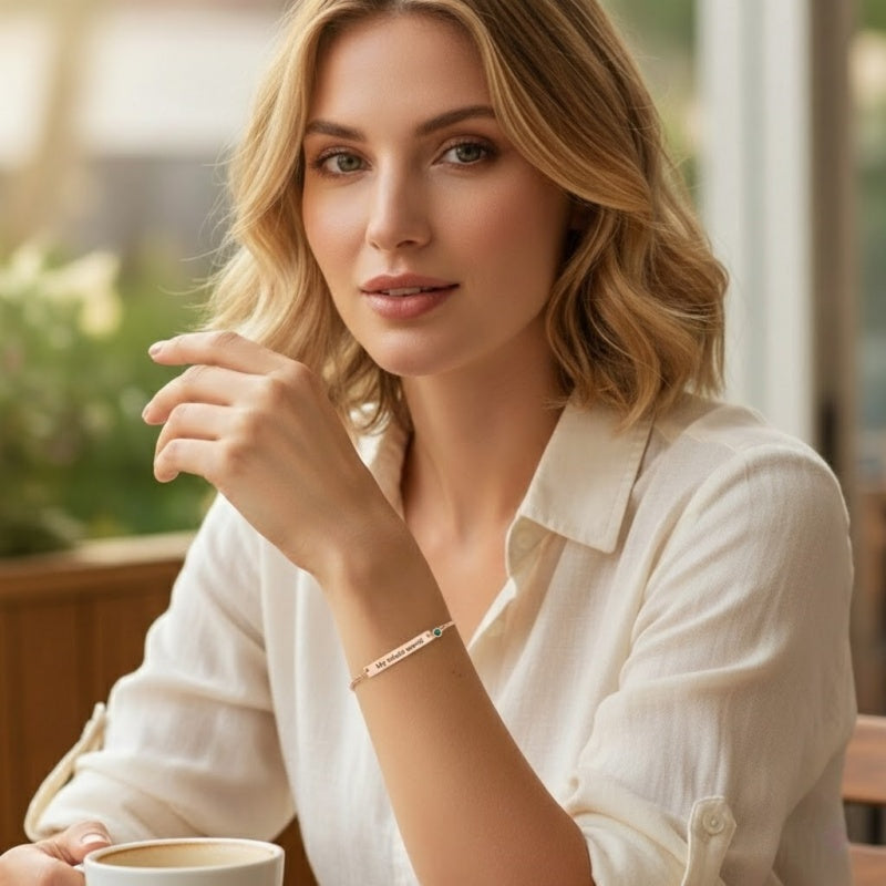 Custom Engraved Bar Bracelet with Birthstone,The Perfect Personalized Gift for Her
