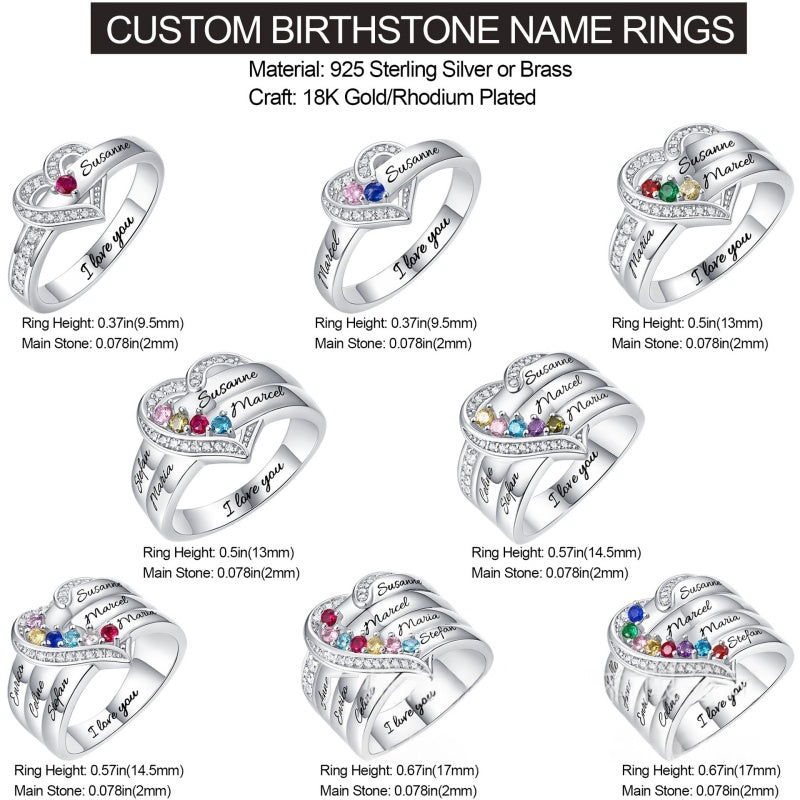 Customizable Heart-Shaped Birthstone Ring with Engraved Names - Personalized Jewelry Gift
