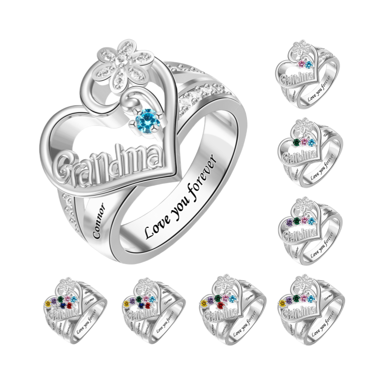 Bague grand-mère en argent sterling S925, bagues personnalisées avec 1 à 8 pierres de naissance pour grand-mère, bagues personnalisées avec nom pour grand-mères