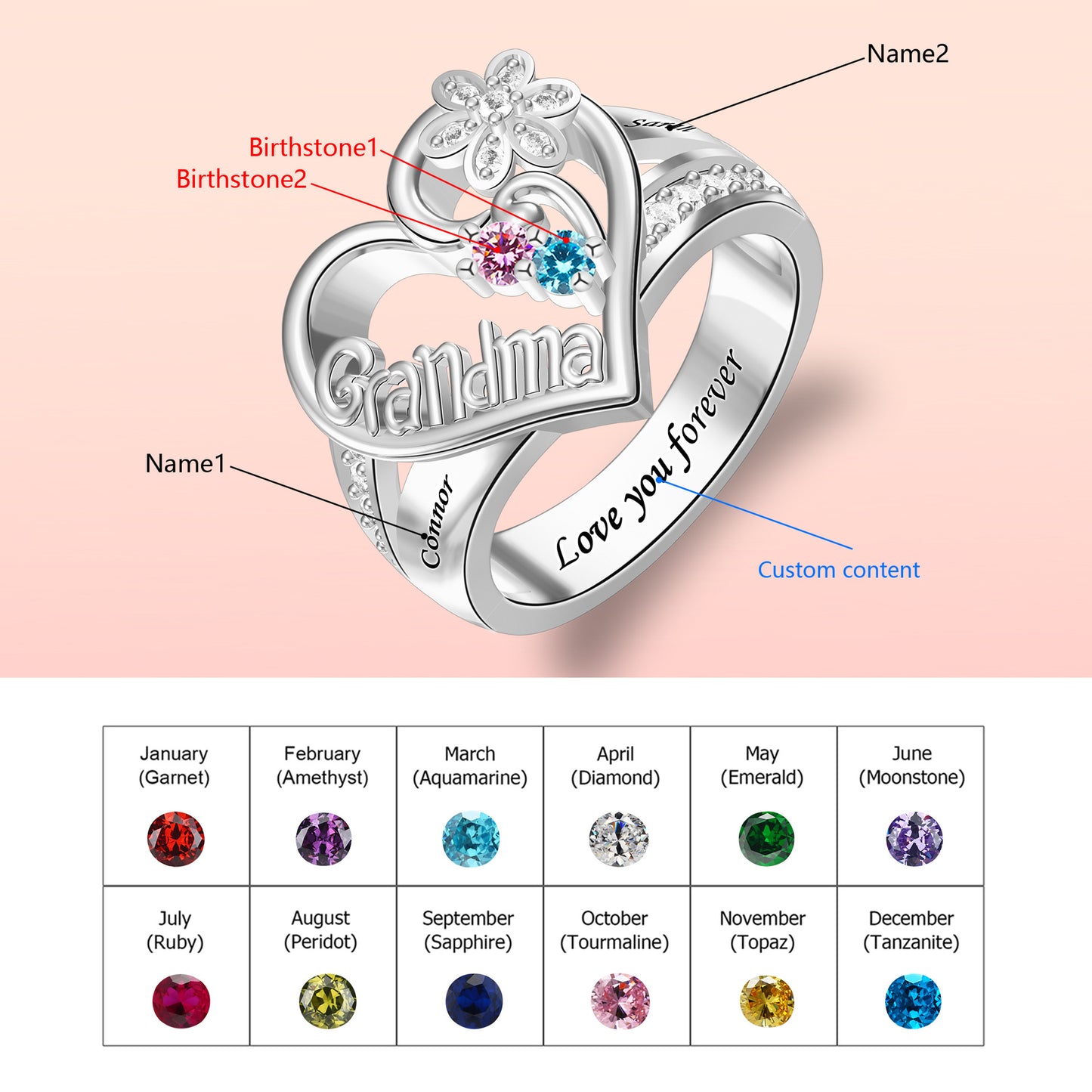 Bague grand-mère en argent sterling S925, bagues personnalisées avec 1 à 8 pierres de naissance pour grand-mère, bagues personnalisées avec nom pour grand-mères