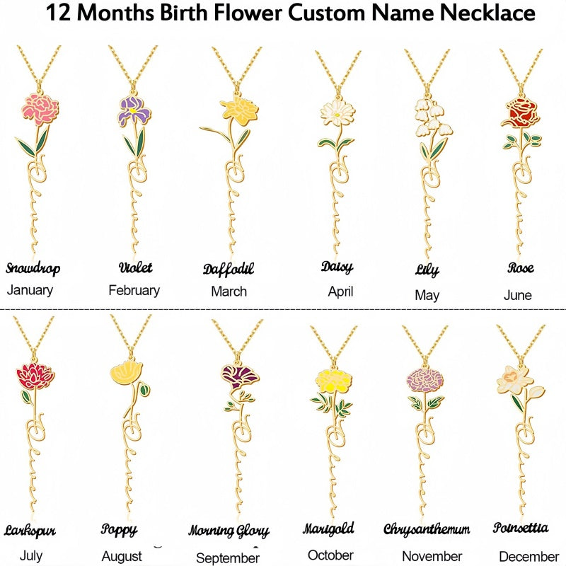 Personalized Floral Name Necklace Charms with Birthstones - Custom Flower & Name Jewelry