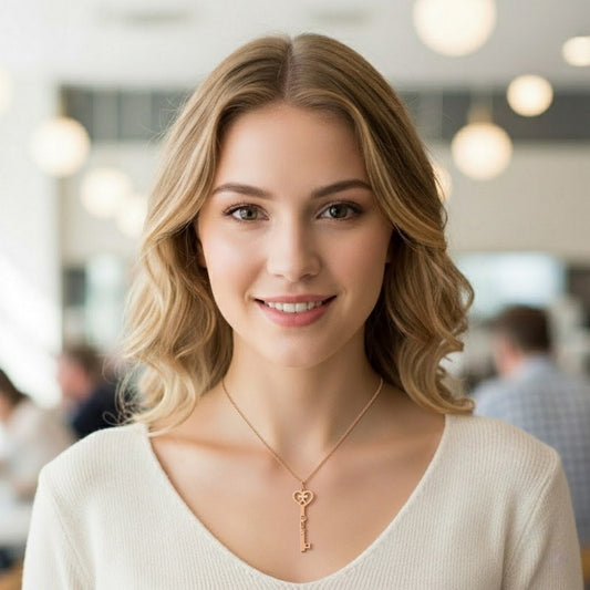 Collier personnalisé avec nom et clé en forme de cœur, bijoux gravés sur mesure en or et en or rose
