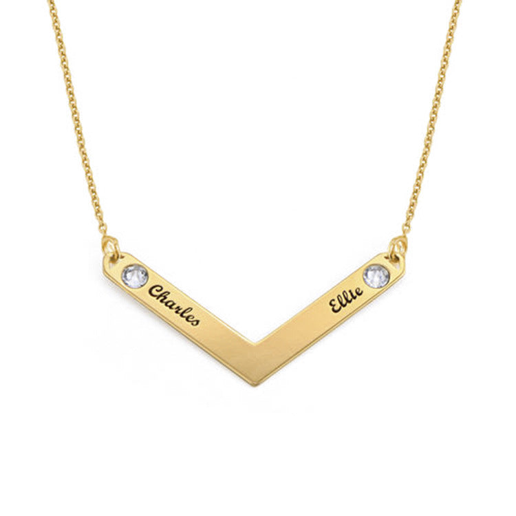 Personalized V-Shaped Family Birthstone Necklace with Custom Name Engravings
