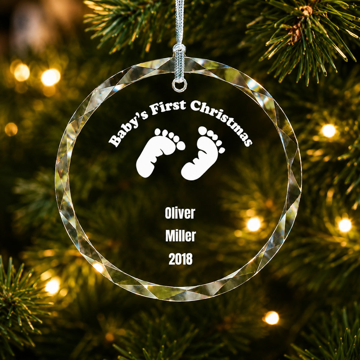 Baby's First Christmas Footprint Design personalized glass ornament Christmas tree display