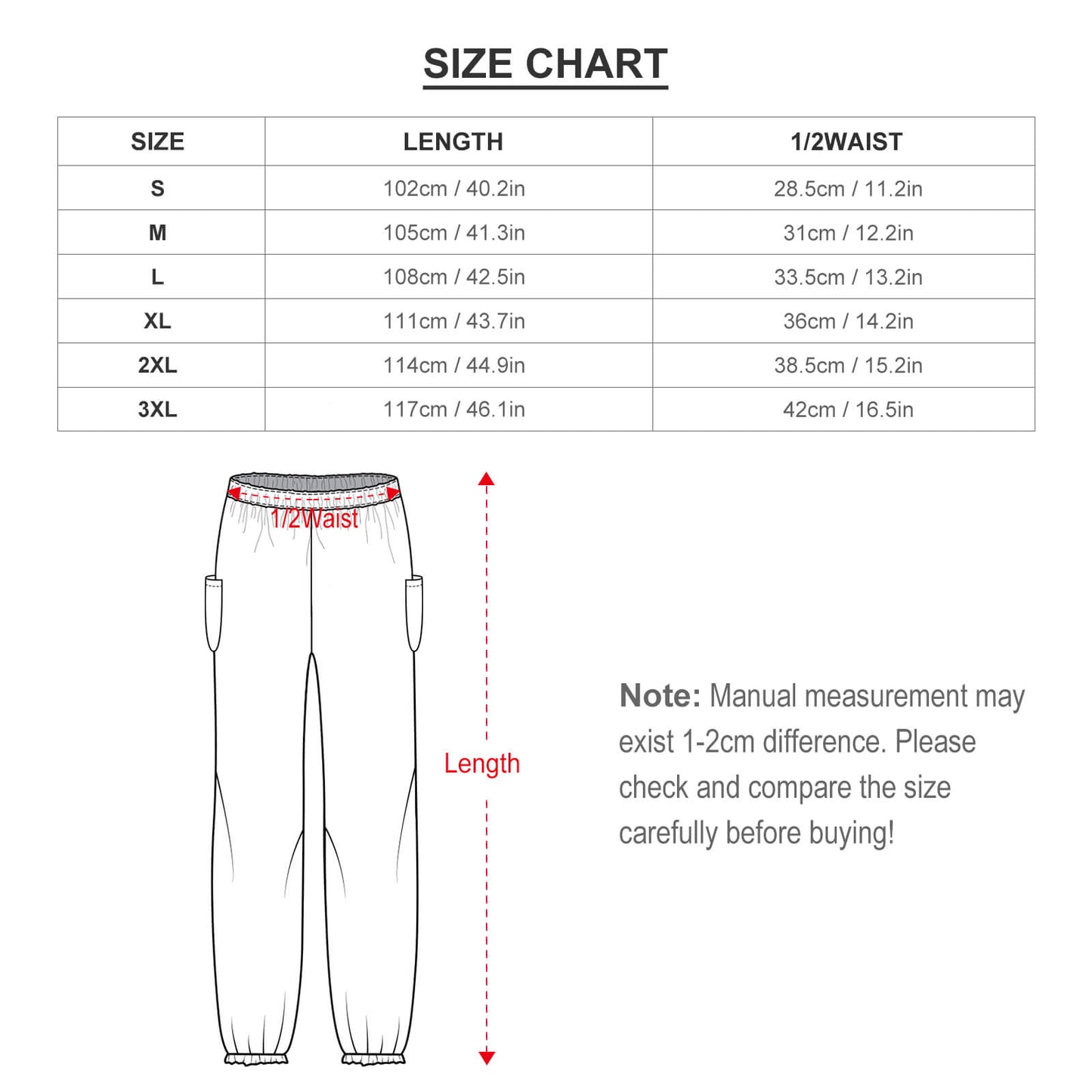 Boho harem yoga pants size chart for women; length and waist measurements in cm/inches.