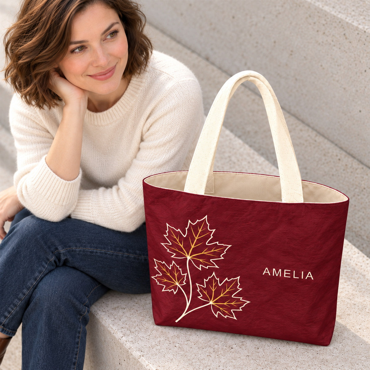 Personalized Burgundy Maple Leaf Tote Bag with Custom Name showing the paper-like exterior and interior view