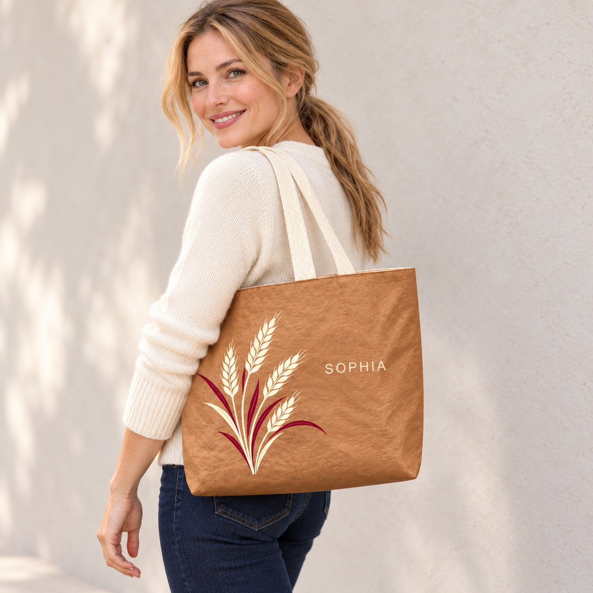 Personalized Caramel Wheat Tote Bag with Custom Name shown as an everyday shoulder carry look