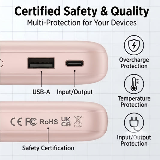 Close-up of certified safety ports on a pink power bank.