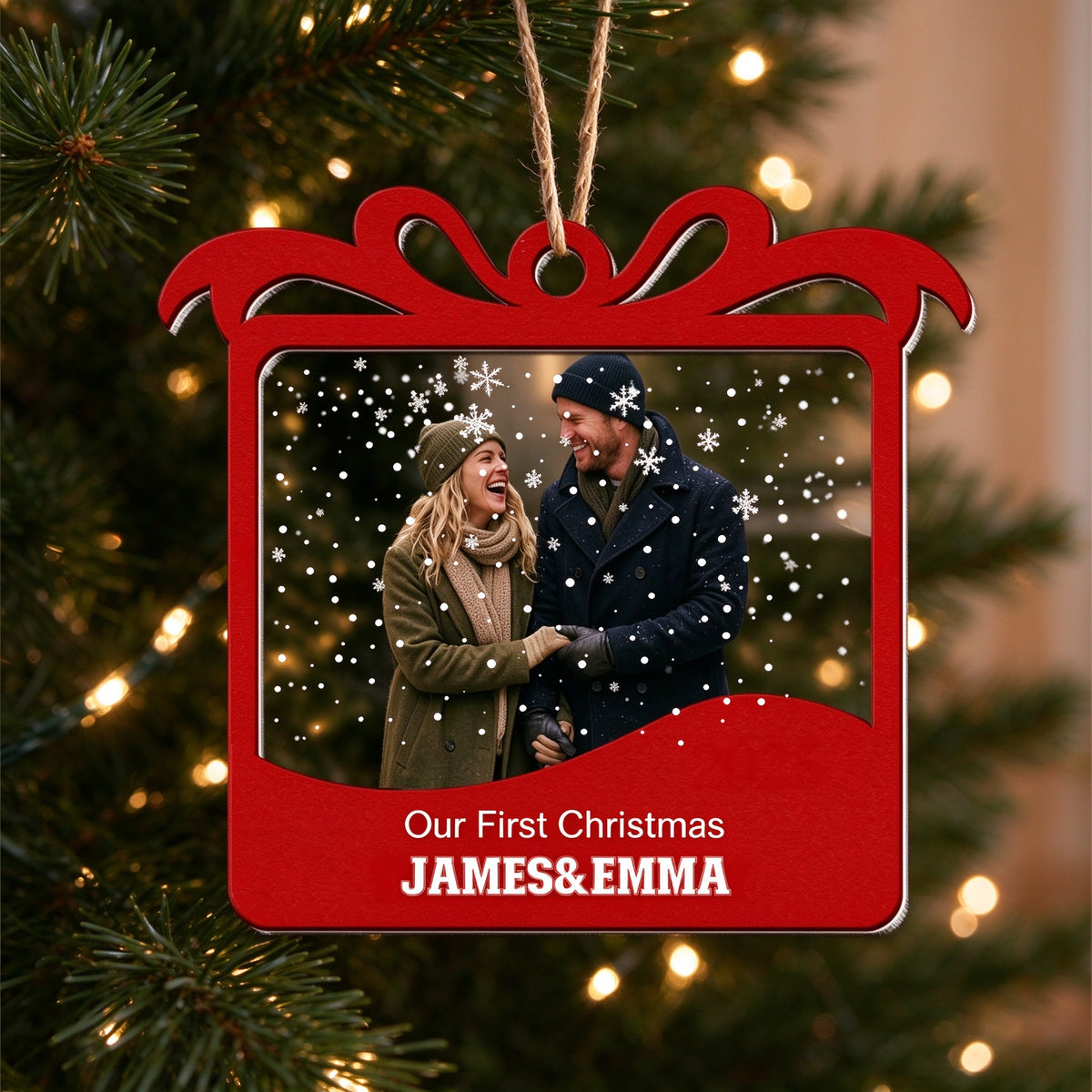 Personalized Couple Photo Christmas Ornament, Our First Christmas Custom Names Gift - lifestyle scene