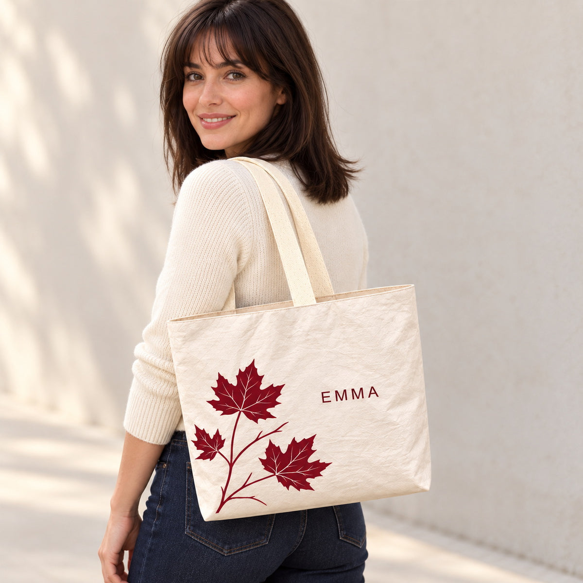 Personalized Cream Maple Leaf Tote Bag with Custom Name shown as an everyday shoulder carry look
