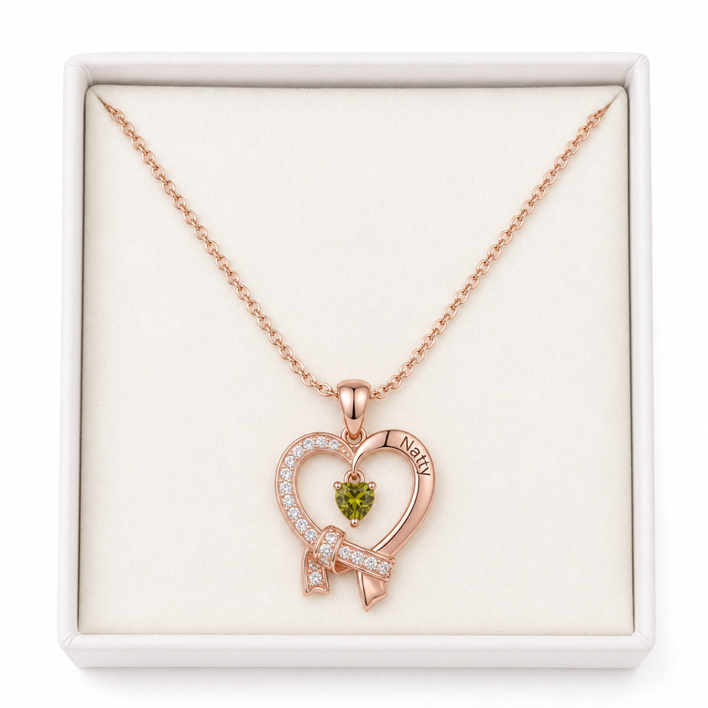 Custom birthstone heart necklace displayed in gift box