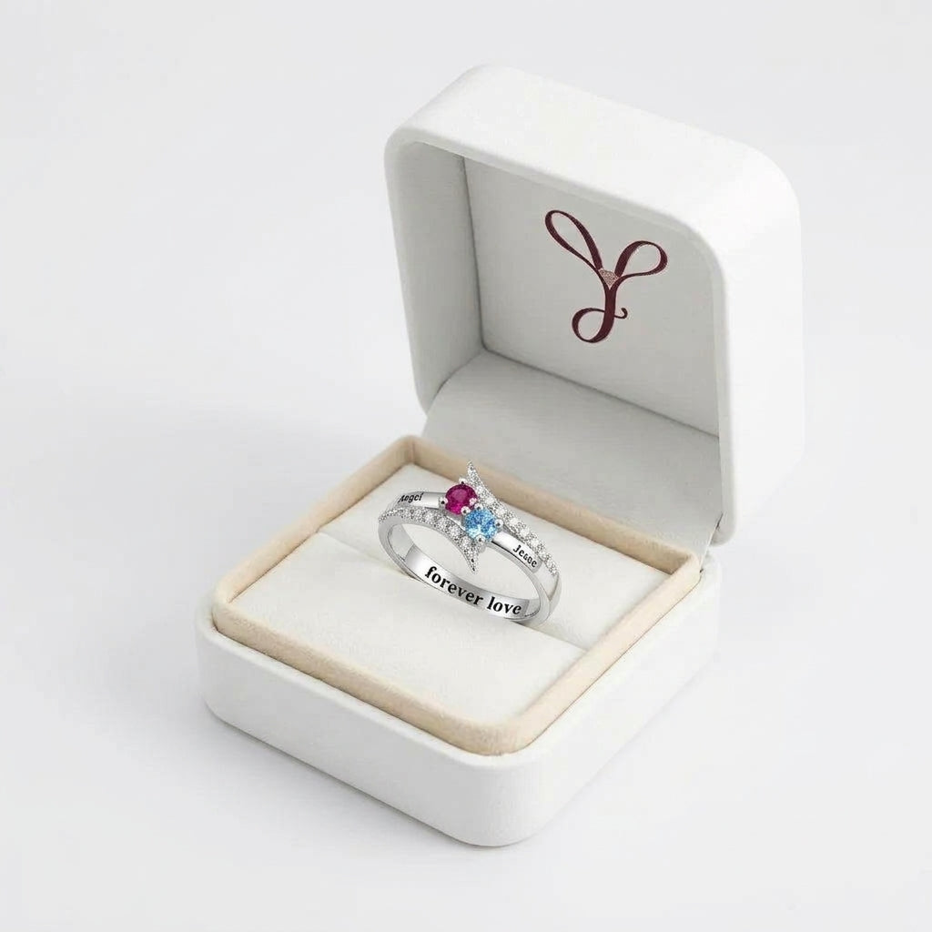 Custom Birthstone Name Ring gift box view custom jewelry