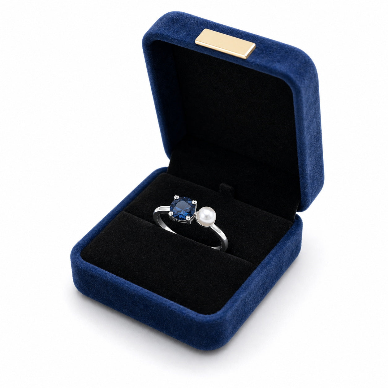 Custom birthstone and pearl open ring gift box view