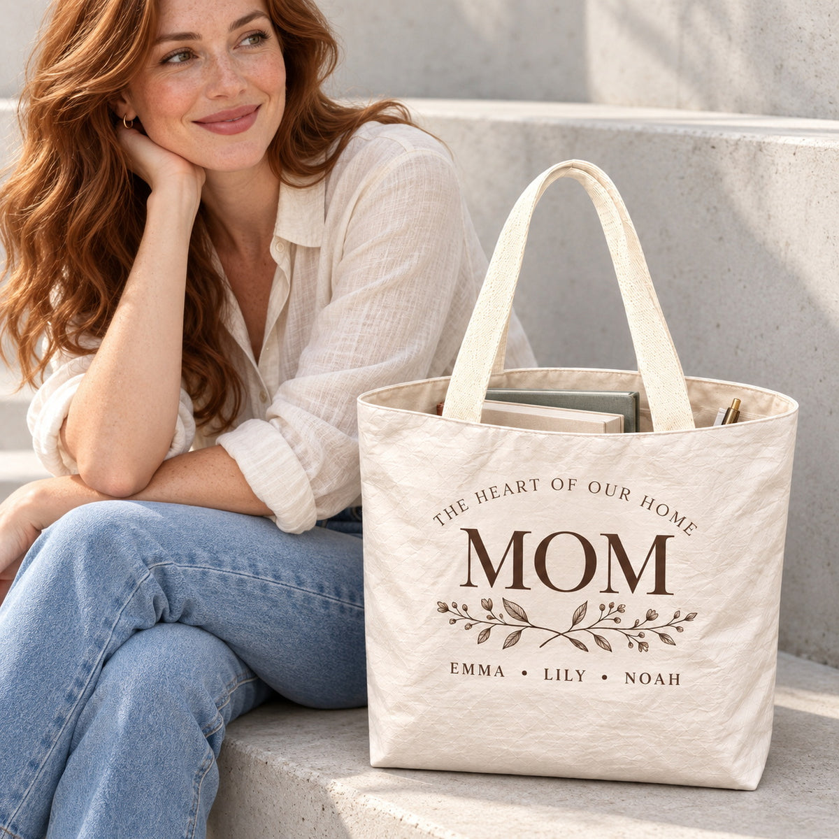 Personalized Botanical MOM Tote Bag with Kids' Names - open interior single compartment view