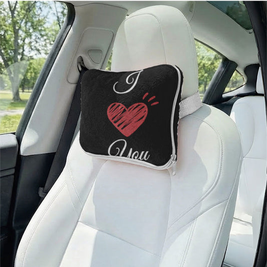 Personalized photo pillow used as a car headrest gift for girlfriend.