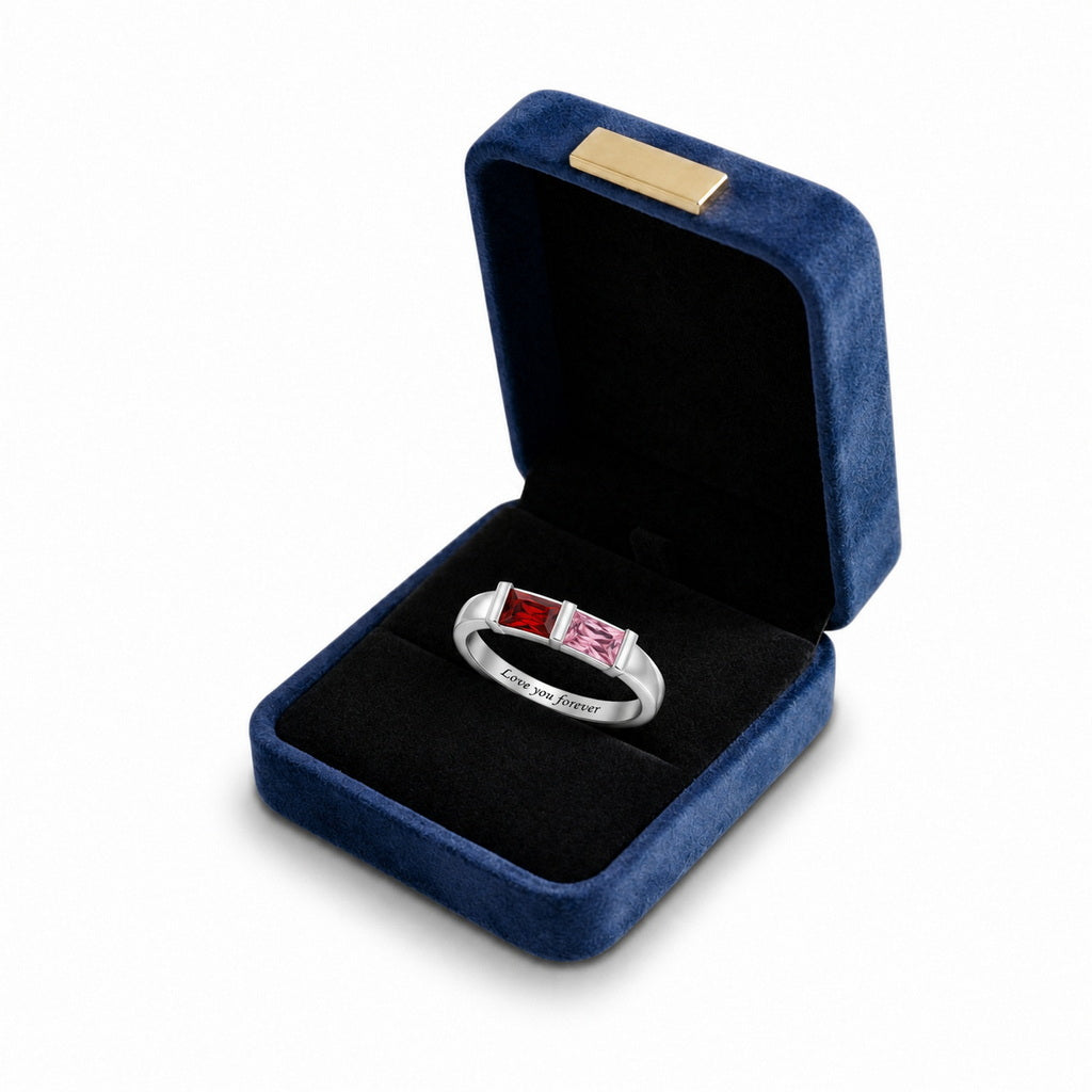 Custom baguette birthstone couple band ring boxed jewelry vi