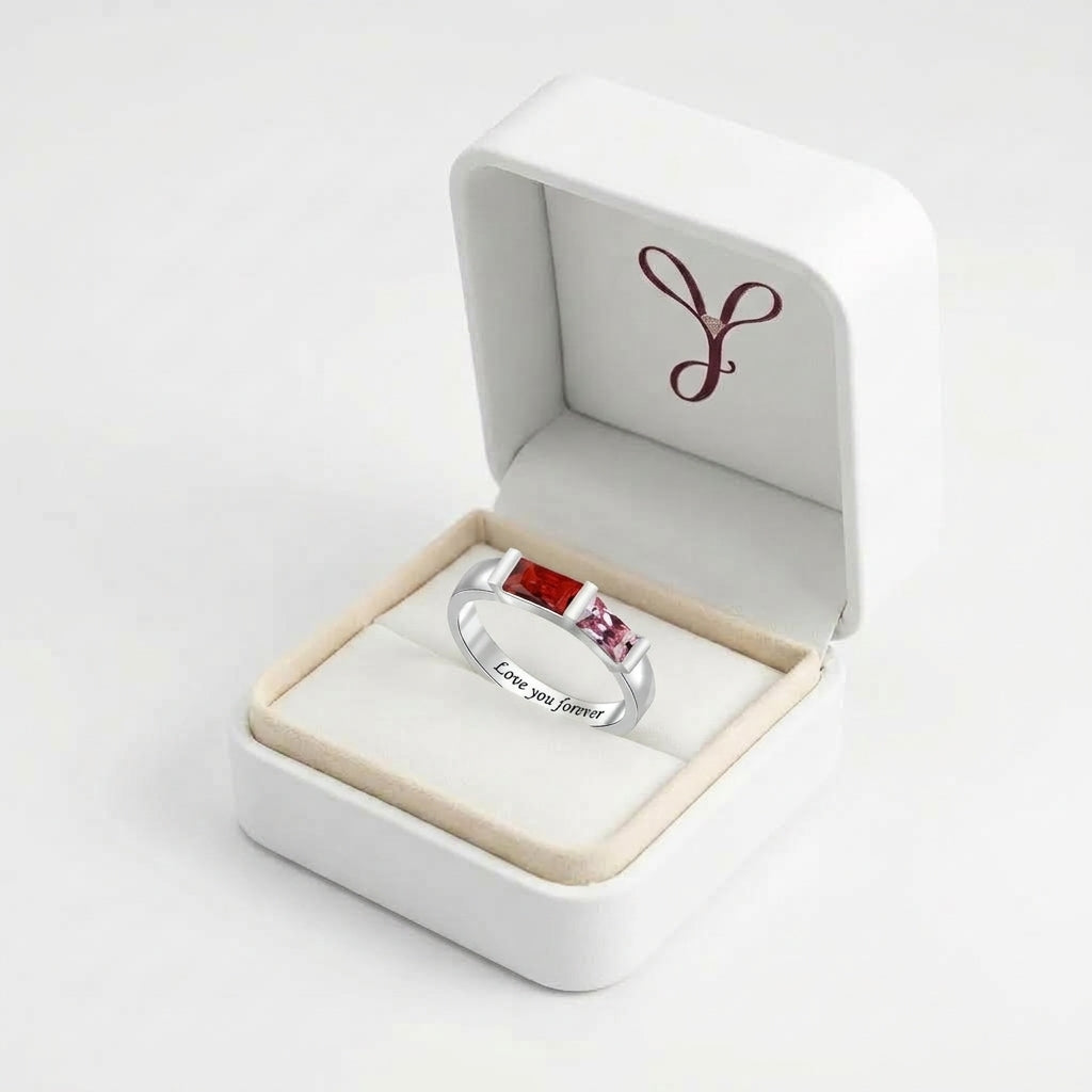 Custom baguette birthstone couple band ring boxed jewelry vi