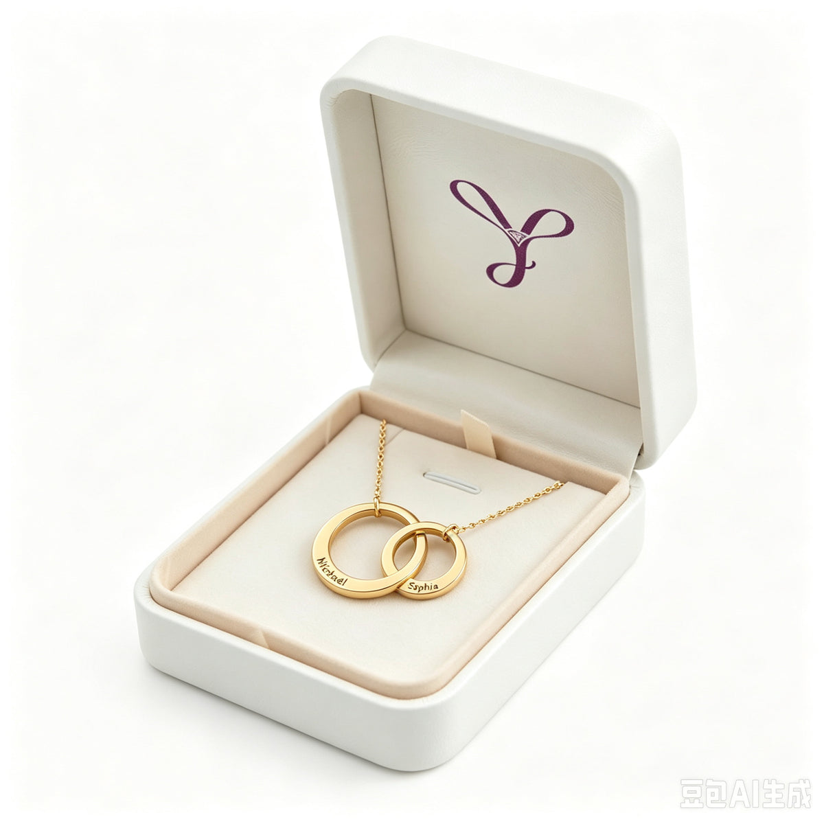 Custom couples name necklace in a blue gift box