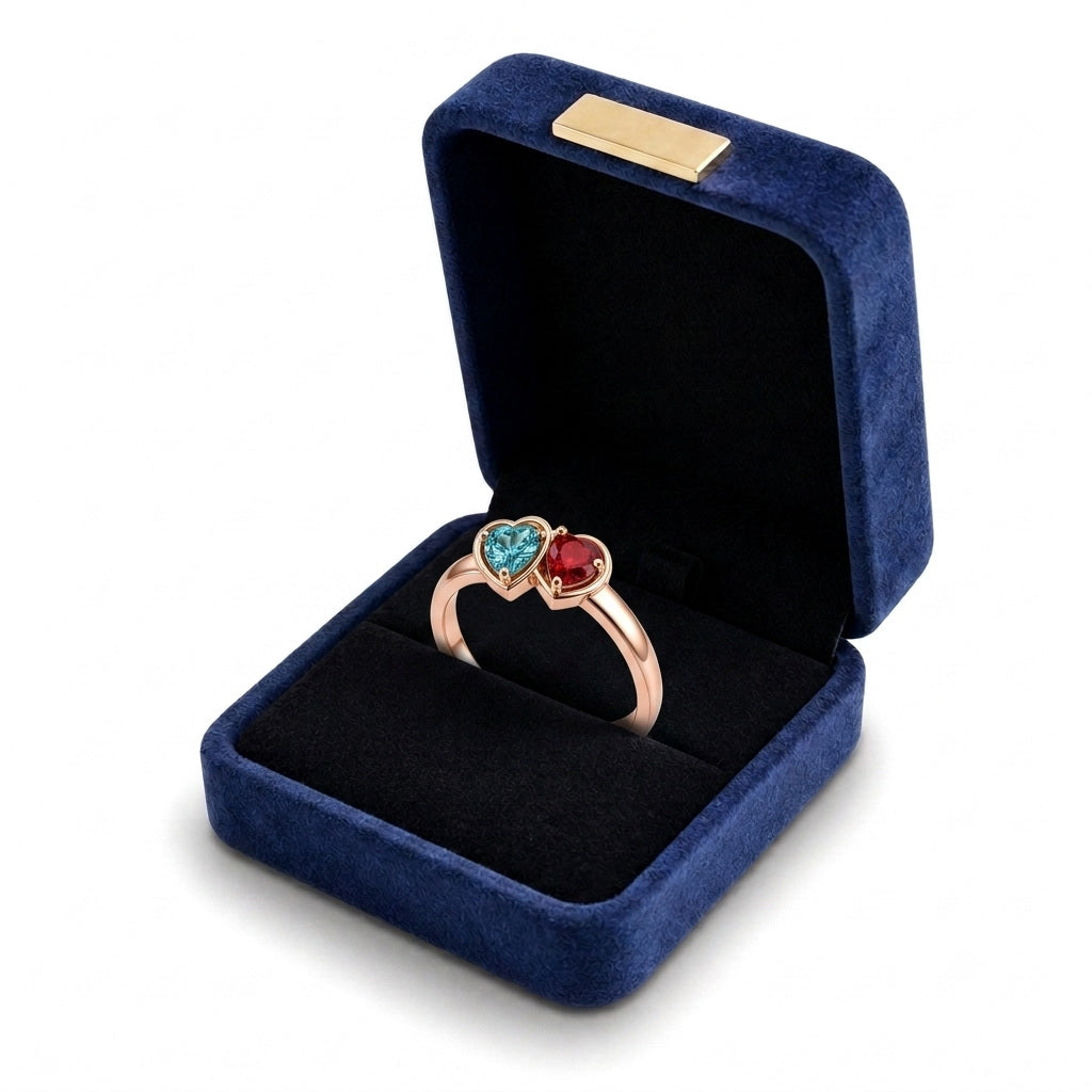 Custom double heart birthstone name ring gift box view