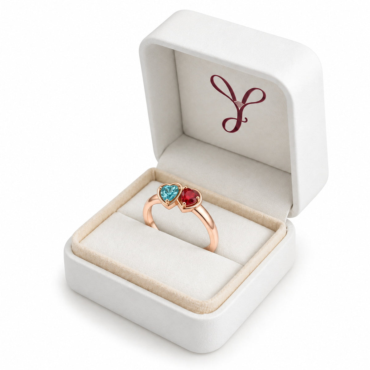 Custom double heart birthstone name ring gift box view