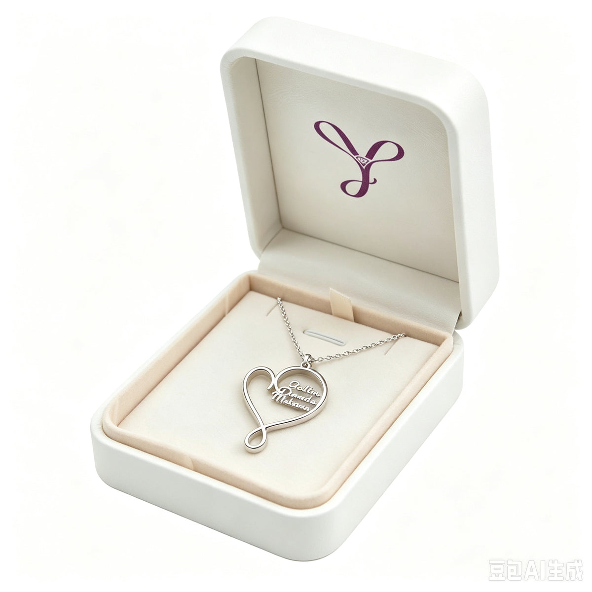 Custom family heart necklace displayed in a gift box