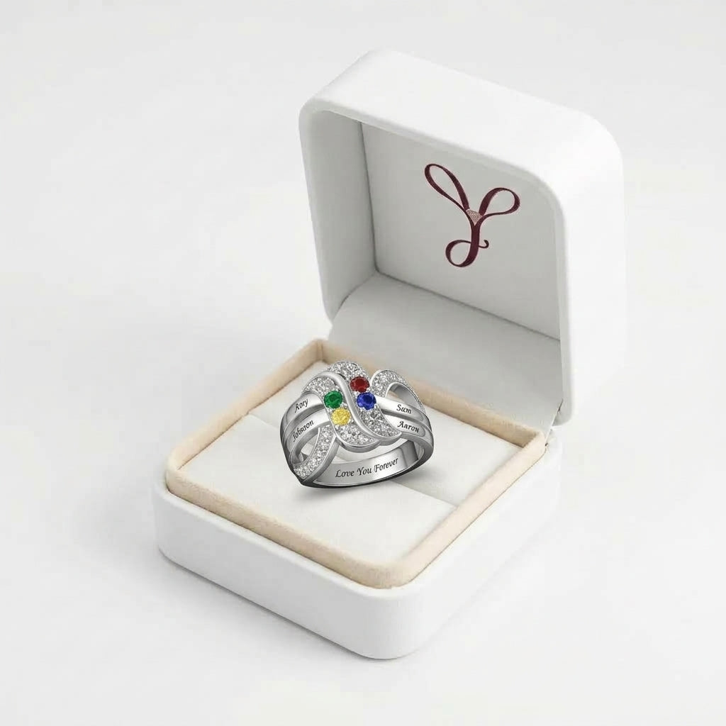 Custom family birthstone statement ring boxed jewelry view