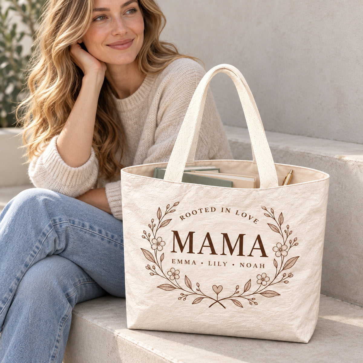 Personalized Floral MAMA Wreath Tote Bag with Kids' Names - open interior single compartment view