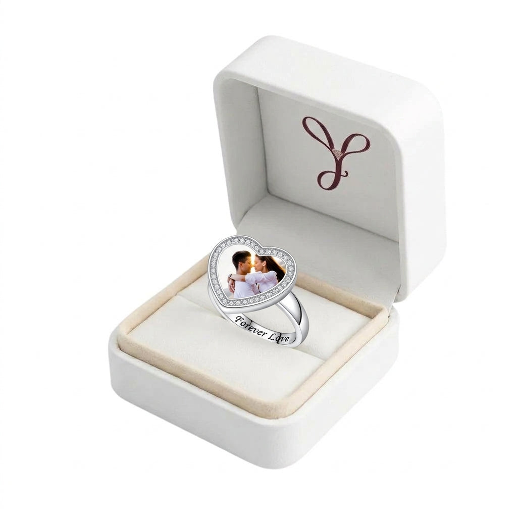 Custom heart photo keepsake message ring gift box view