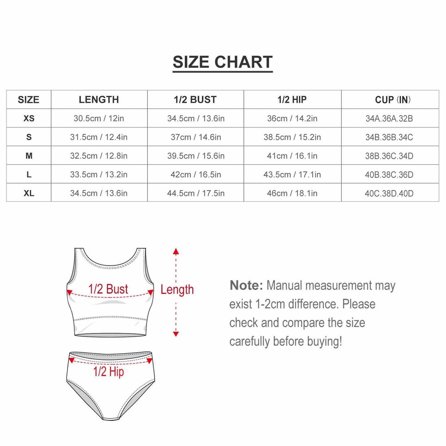 Custom High Waisted Bikini Set size chart. Measurements for bust, hip, and length.