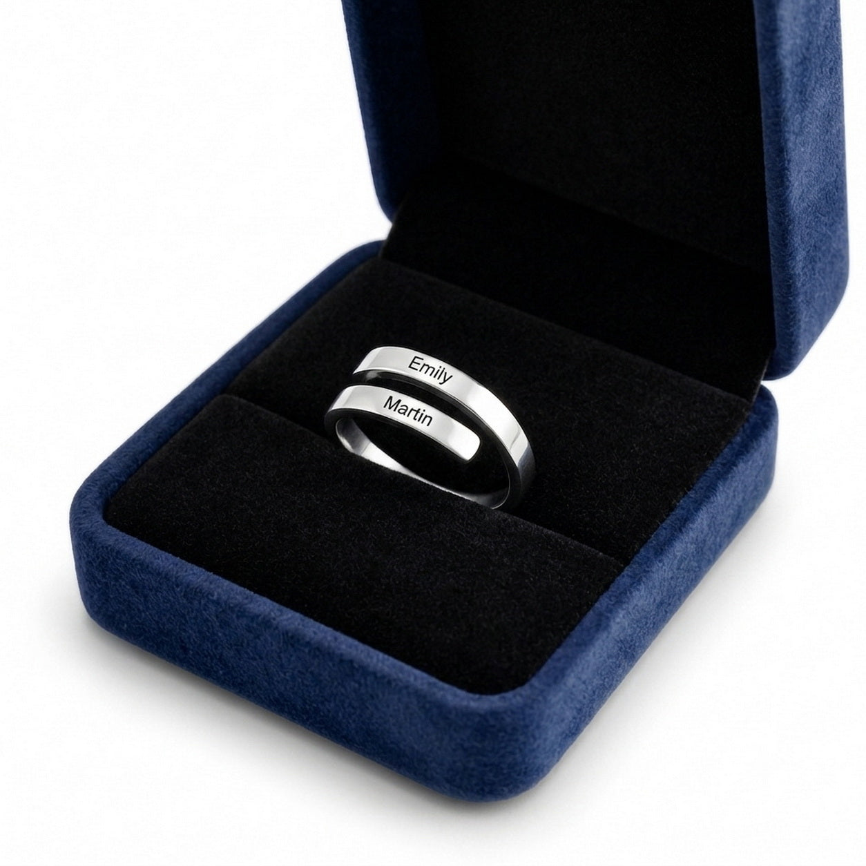 Custom matching couple ring displayed in a gift box