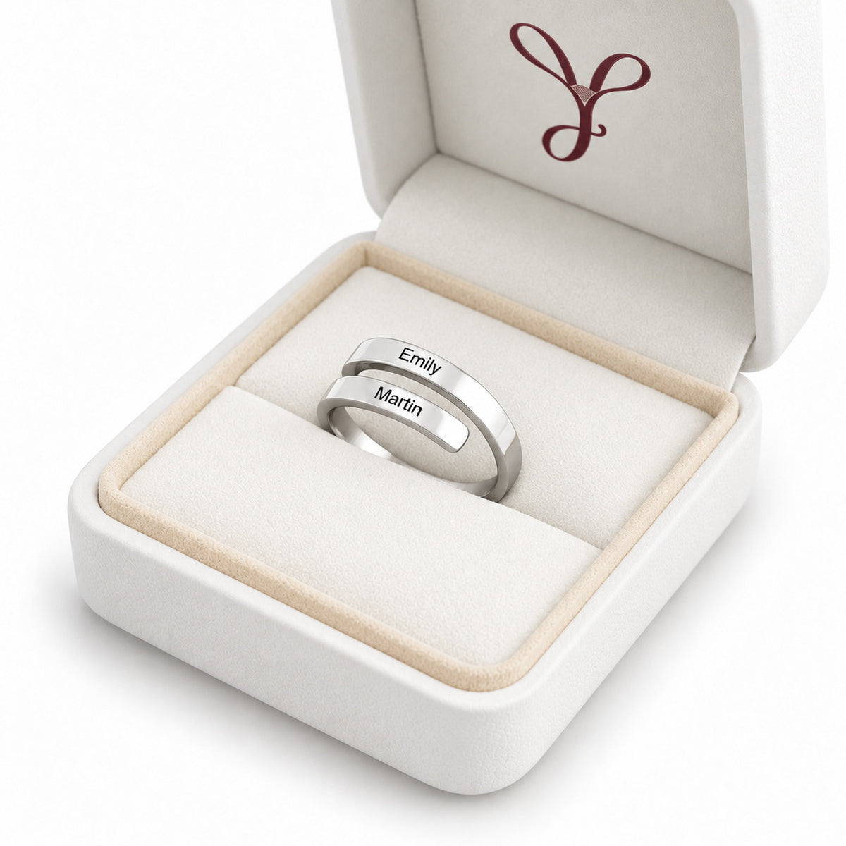 Custom matching couple ring displayed in a gift box