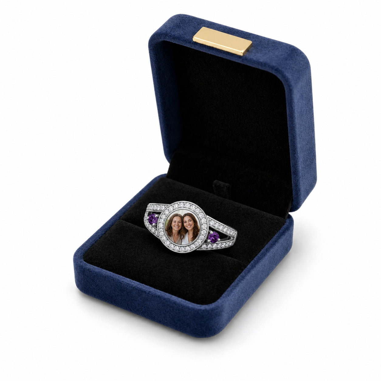 Custom photo halo ring with two birthstone accents gift box