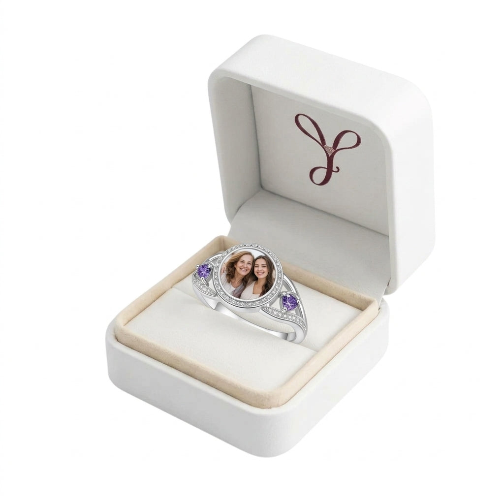 Custom photo halo ring with two birthstone accents gift box
